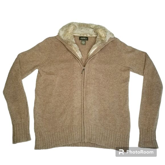 Eddie Bauer Women’s Medium Wool Alpaca Faux Fur Trimmed Full Zip Sweater Jacket - Picture 9 of 9
